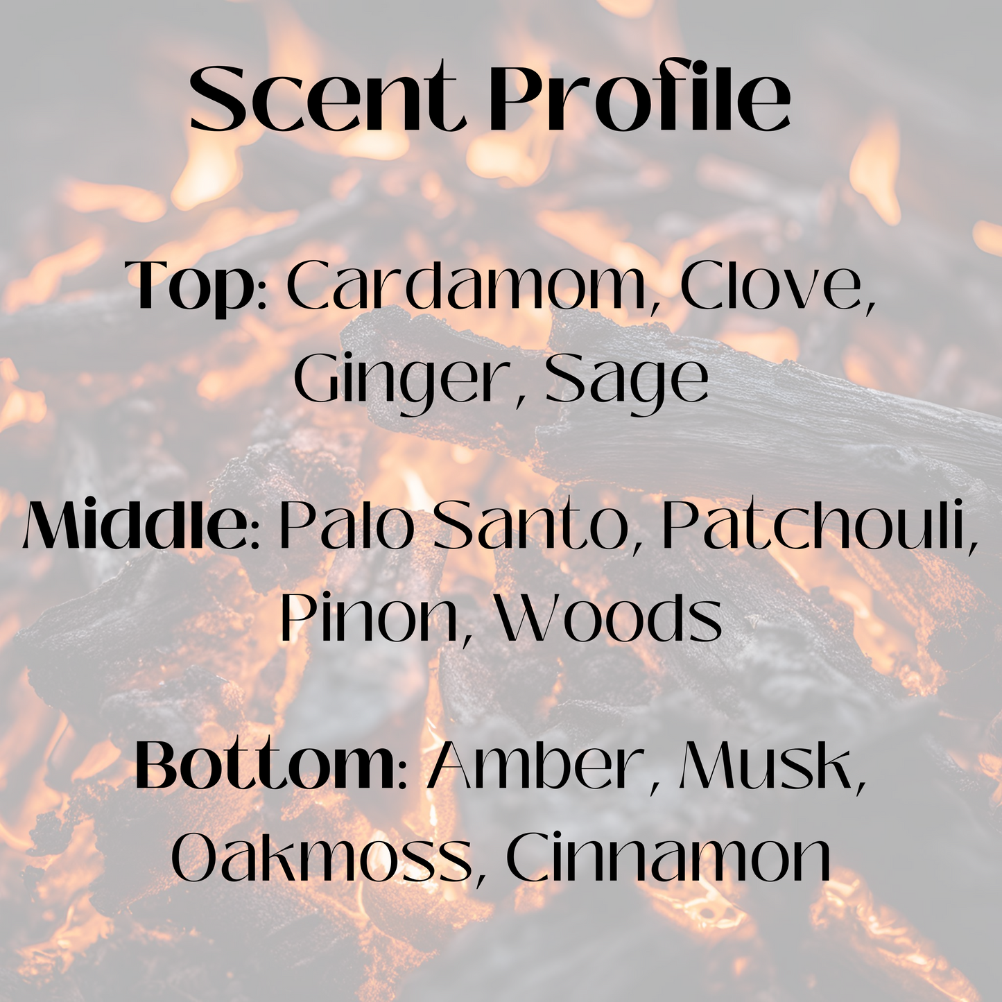 A scent profile graphic with a background image of burning embers. The fragrance features top notes of cardamom, clove, ginger, and sage; middle notes of palo santo, patchouli, pinon, and woods; and base notes of amber, musk, oakmoss, and cinnamon.