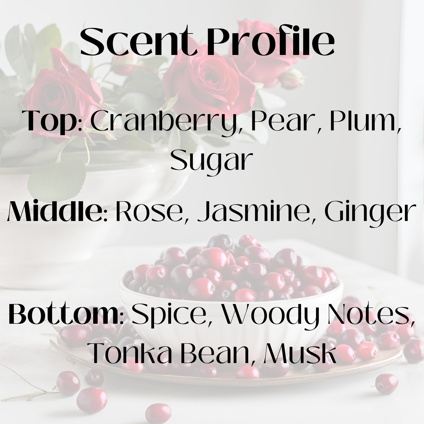 Scent profile for a candle featuring cranberries and roses. The fragrance includes notes of cranberry, pear, plum, rose, jasmine, and warm spices, creating a festive and inviting aroma.