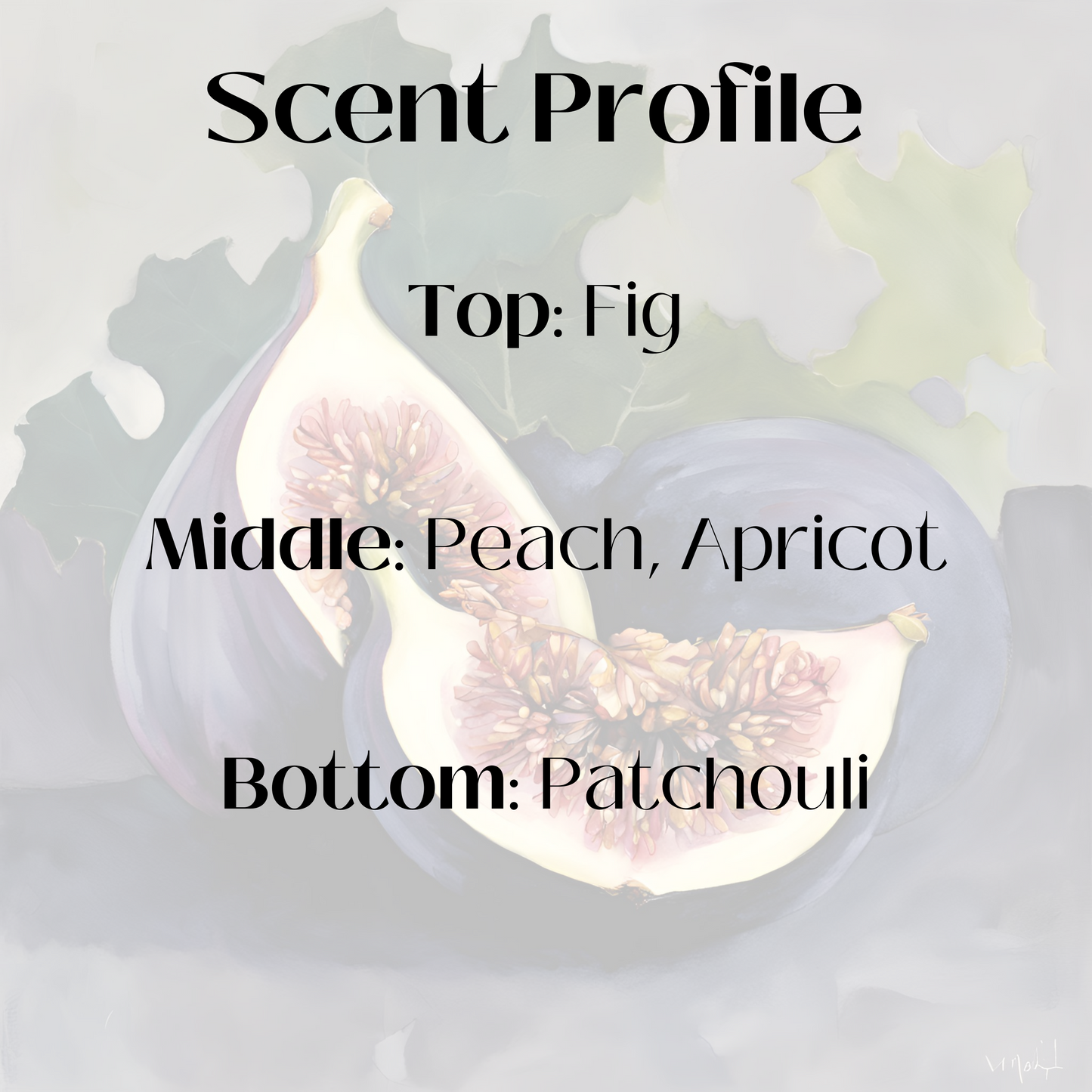 Scent profile graphic for a candle with a fig background. The fragrance features top notes of fig; middle notes of peach and apricot; and base notes of patchouli.