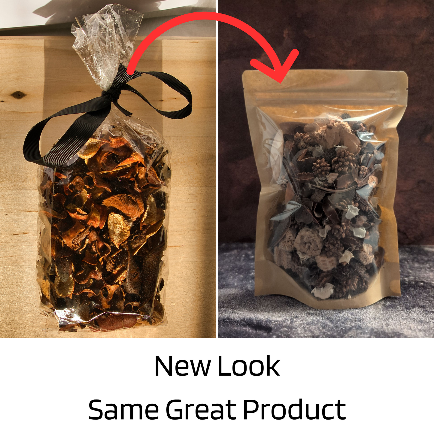 A comparison image showing a packaging change. On the left, potpourri is in a clear cellophane bag tied with a black ribbon. On the right, the product is in a modern, stand-up pouch with a clear window and kraft paper backing. A large red arrow points from the old packaging to the new. Text below reads, "New Look Same Great Product."