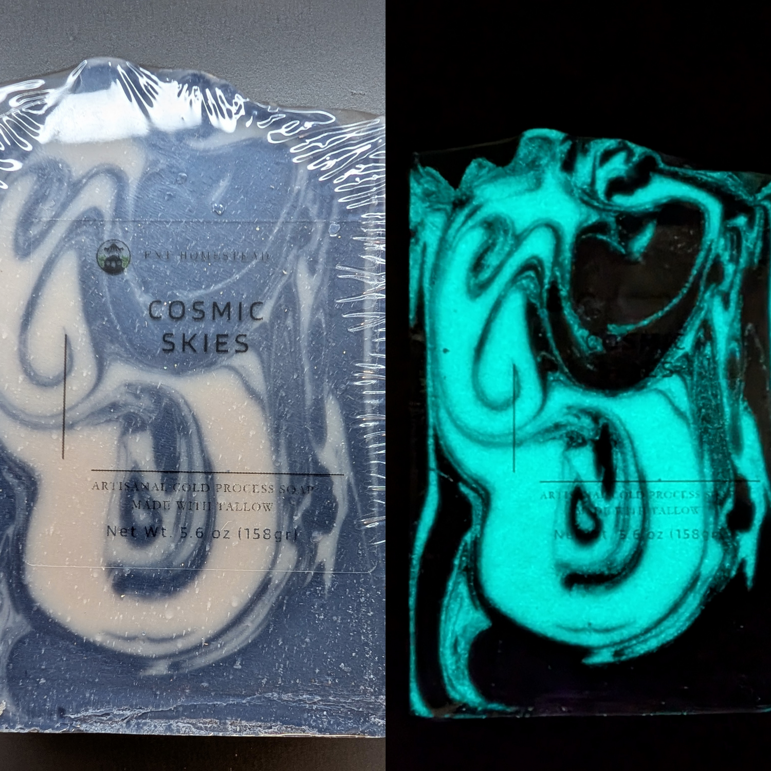 Soap bar with 'Cosmic Skies' text, shown in daylight and under UV light.