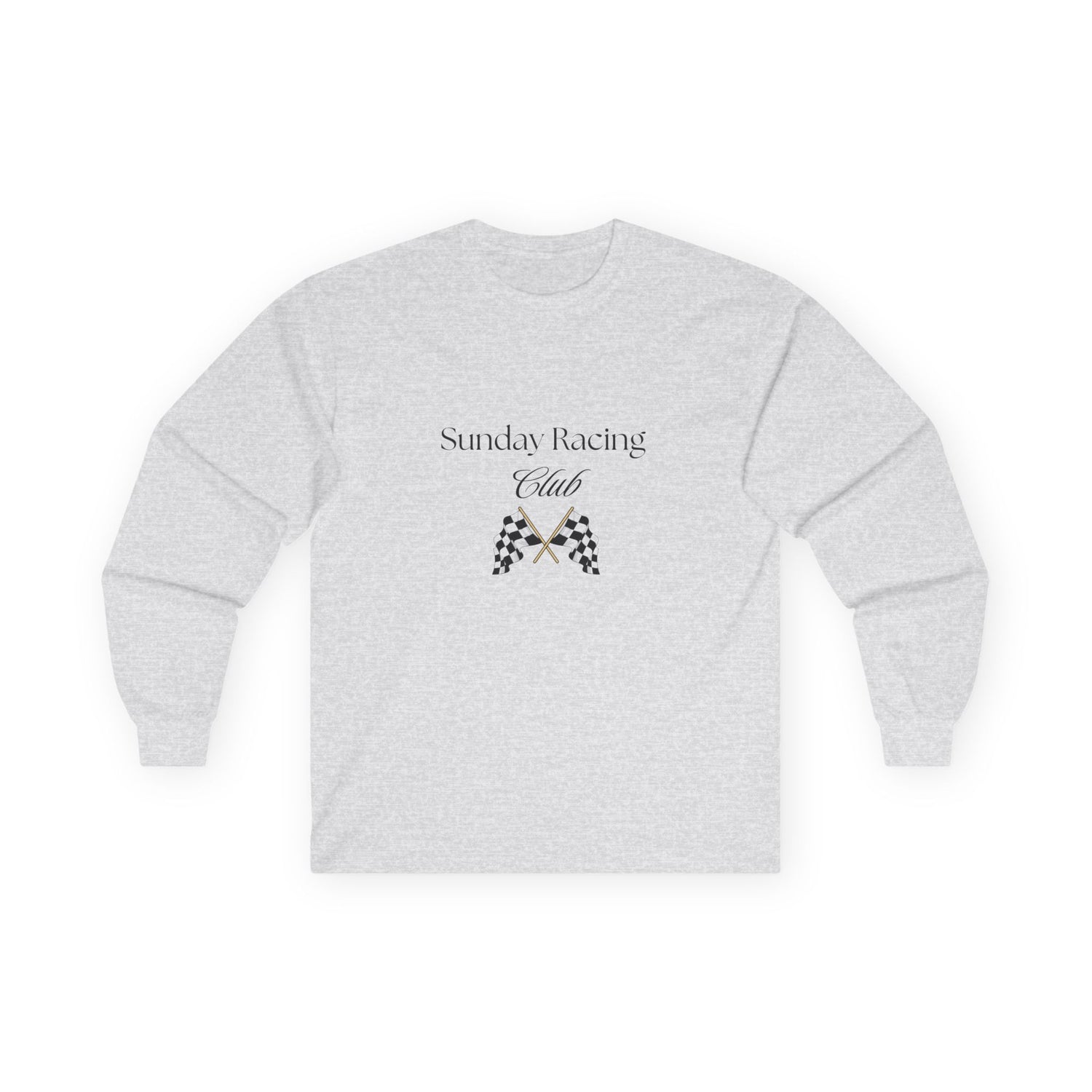 Gray sweatshirt with 'Sunday Racing Club' text and checkered design on a white background