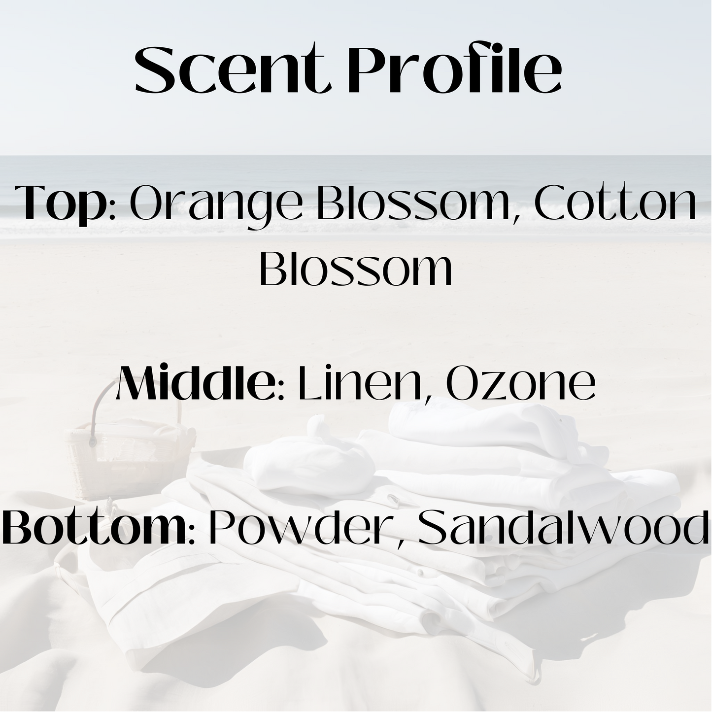 Scent profile graphic for a candle with a beach scene background. The fragrance features top notes of orange blossom and cotton blossom; middle notes of linen and ozone; and base notes of powder and sandalwood.