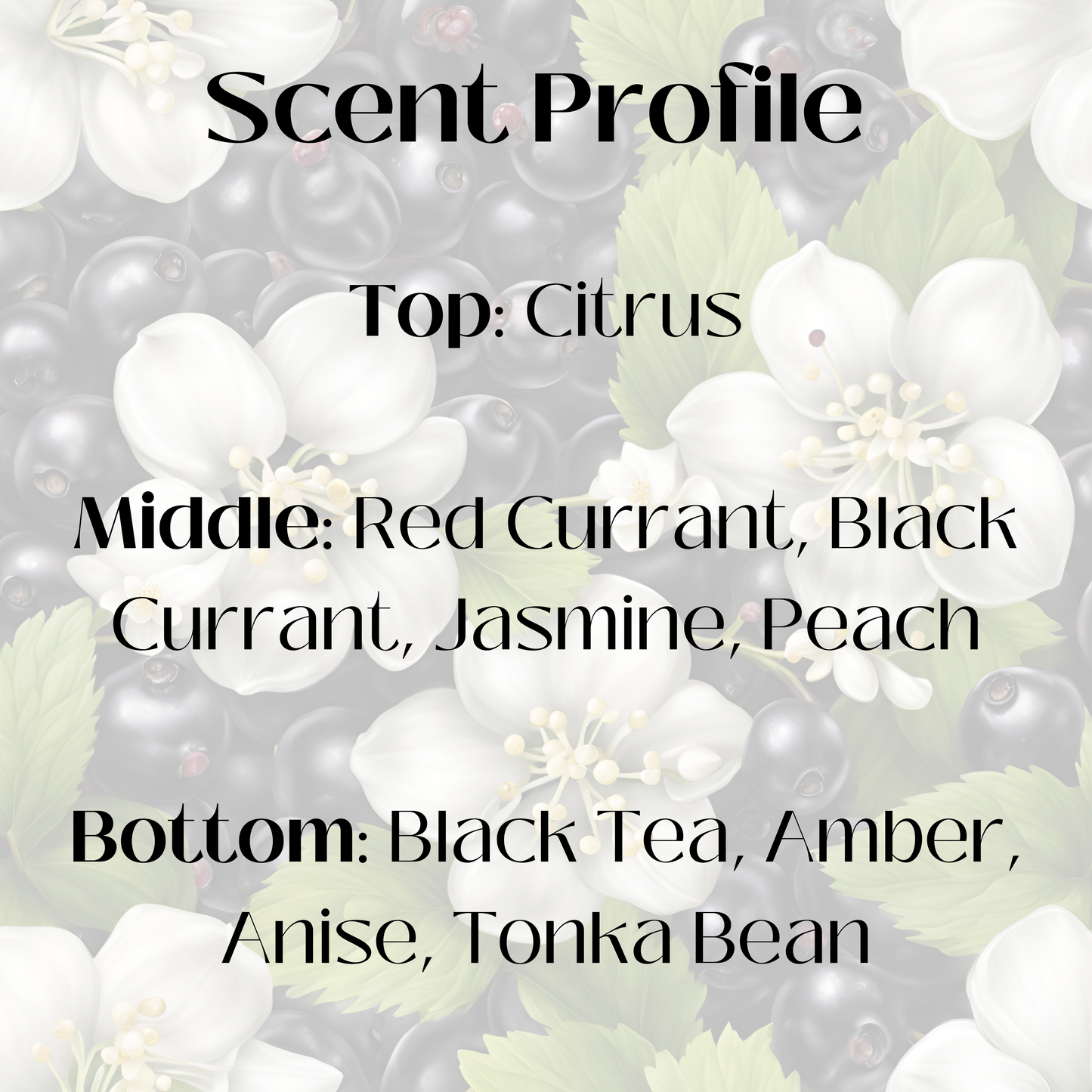 Scent profile for a candle featuring a background of berries and flowers. The fragrance includes notes of citrus, red currant, black currant, jasmine, peach, black tea, amber, anise, and tonka bean, creating a complex and layered aroma.