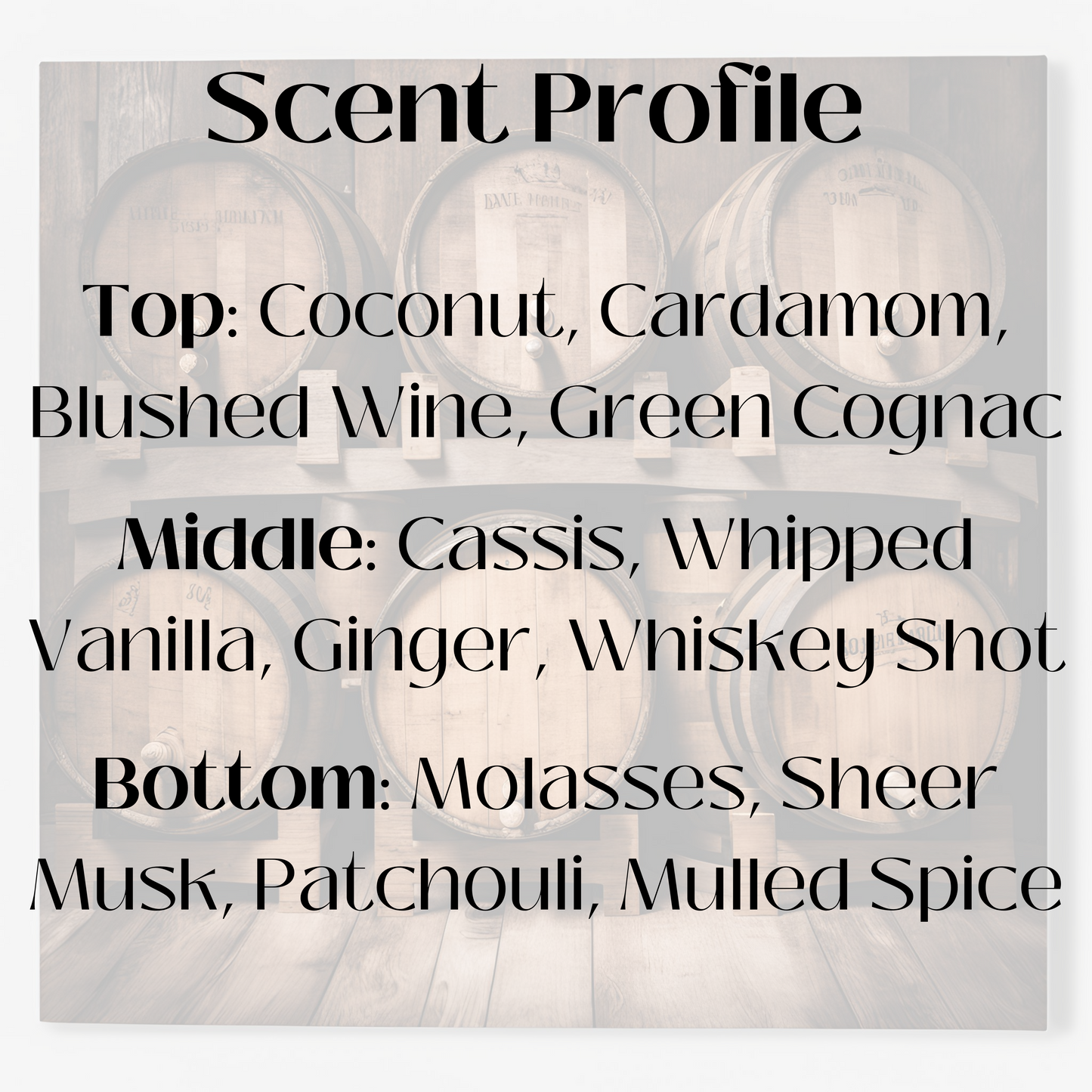 Scent profile for a candle. The fragrance features top notes of coconut and cardamom; middle notes of cassis, whipped vanilla, and ginger; and base notes of molasses and mulled spice, creating a warm and spicy aroma.